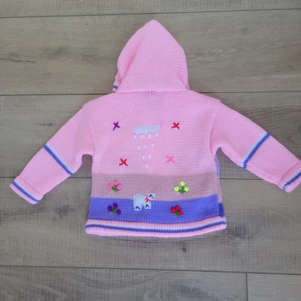 The Whisper Handicrafts Girls 100% Wool Llama Zip Hoodie Pink Size 18-24M / 2T